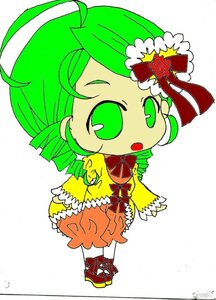 Rating: Safe Score: 0 Tags: 1girl ahoge bow chibi dress drill_hair flower full_body green_eyes green_hair image kanaria open_mouth rose simple_background solo standing white_background User: admin