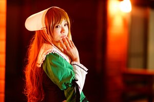 Rating: Safe Score: 0 Tags: 1girl blurry brown_hair depth_of_field dress finger_to_mouth green_dress hat head_scarf lips long_hair long_sleeves orange_hair realistic solo suiseiseki User: admin