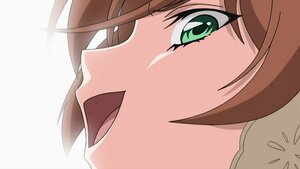 Rating: Safe Score: 0 Tags: 1girl :d brown_hair close-up eyebrows_visible_through_hair green_eyes image open_mouth short_hair simple_background smile solo suiseiseki User: admin