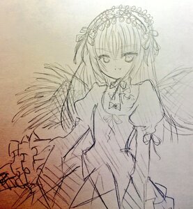 Rating: Safe Score: 0 Tags: 1girl dress eyebrows_visible_through_hair feathered_wings frills greyscale hairband image long_hair long_sleeves looking_at_viewer monochrome sketch smile solo suigintou traditional_media wings User: admin
