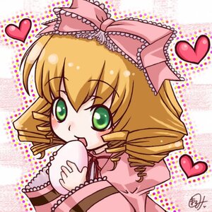 Rating: Safe Score: 0 Tags: 1girl blonde_hair blush bow drill_hair eating food frills green_eyes halftone halftone_background heart hina_ichigo hinaichigo image long_sleeves pink_bow polka_dot polka_dot_background short_hair solo spoken_heart twin_drills User: admin