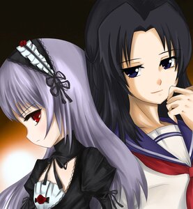 Rating: Safe Score: 0 Tags: 2girls black_hair hairband image kakizaki_megu long_hair long_sleeves multiple_girls red_eyes school_uniform serafuku silver_hair solo suigintou upper_body User: admin