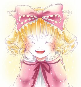 Rating: Safe Score: 0 Tags: 1girl blonde_hair blush bow closed_eyes frills hair_bow hands_on_own_face hina_ichigo hinaichigo image long_sleeves open_mouth ribbon short_hair smile solo User: admin