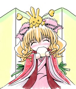Rating: Safe Score: 0 Tags: 1girl blonde_hair blush closed_eyes drill_hair eating food hinaichigo image long_sleeves pink_bow solo star_(symbol) traditional_media wide_sleeves User: admin