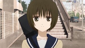 Rating: Safe Score: 0 Tags: 1girl bangs brown_hair building day ground_vehicle house human image kashiwaba_tomoe looking_at_viewer outdoors power_lines railroad_tracks road sailor_collar school_uniform screenshot serafuku short_hair sky smile solo street telephone_pole tree User: admin