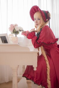 Rating: Safe Score: 0 Tags: 1girl blonde_hair blue_eyes bonnet bouquet capelet curtains dress flower frills lips pink_flower pink_rose realistic red_dress red_flower red_rose rose shinku sitting solo vase window User: admin