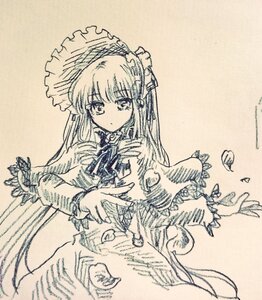 Rating: Safe Score: 0 Tags: 1girl bangs blush closed_mouth dress eyebrows_visible_through_hair frills image long_hair long_sleeves looking_at_viewer monochrome photo shinku solo traditional_media User: admin