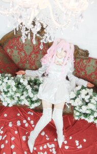 Rating: Safe Score: 0 Tags: 1girl bouquet dress flower kirakishou long_hair petals pink_hair rose sitting smile solo thighhighs white_dress white_flower white_legwear white_rose User: admin