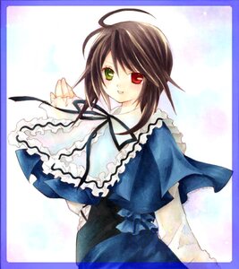Rating: Safe Score: 0 Tags: 1girl ahoge brown_hair dress frills green_eyes heterochromia image long_sleeves looking_at_viewer red_eyes ribbon short_hair simple_background smile solo souseiseki User: admin
