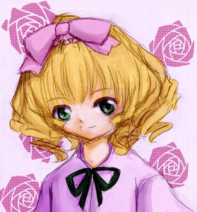 Rating: Safe Score: 0 Tags: 1girl blonde_hair bow drill_hair green_eyes hina_ichigo hinaichigo image long_sleeves looking_at_viewer pink_bow purple_background purple_bow rose short_hair smile solo upper_body User: admin