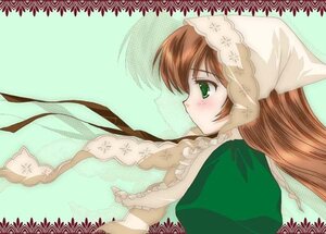 Rating: Safe Score: 0 Tags: 1girl blush brown_hair dress frills green_background green_dress green_eyes head_scarf image long_hair profile solo suiseiseki upper_body User: admin