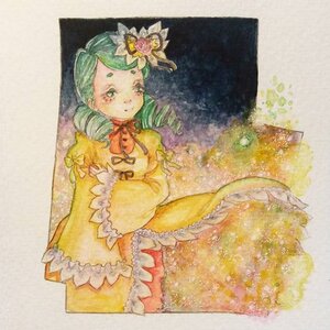 Rating: Safe Score: 0 Tags: 1girl dress drill_hair flower frills green_eyes green_hair hair_flower hair_ornament image kanaria long_sleeves looking_at_viewer ribbon rose smile solo traditional_media twin_drills wide_sleeves yellow_dress User: admin