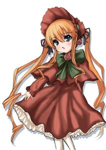 Rating: Safe Score: 0 Tags: 1girl :o blonde_hair blue_eyes blush bonnet bow bowtie capelet dress flower green_bow green_neckwear image long_hair long_sleeves looking_at_viewer open_mouth pantyhose red_dress shinku simple_background solo twintails very_long_hair white_background white_legwear User: admin