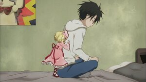 Rating: Safe Score: 0 Tags: 1boy 1girl bed black_hair blonde_hair closed_eyes hinaichigo hood hoodie image sitting sleeping solo User: admin
