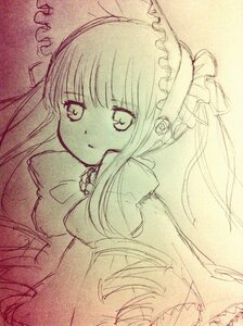 Rating: Safe Score: 0 Tags: 1girl auto_tagged bow dress frills hairband image long_hair long_sleeves looking_at_viewer monochrome shinku simple_background solo traditional_media twintails User: admin