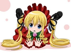 Rating: Safe Score: 0 Tags: 1girl blonde_hair blue_eyes blush bonnet cup dress flower image long_hair long_sleeves looking_at_viewer open_mouth pink_flower pink_rose red_dress rose shinku solo striped twintails User: admin
