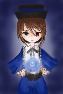 Rating: Safe Score: 0 Tags: 1girl blue_dress brown_hair capelet collar dress frills green_eyes hat heterochromia image long_sleeves looking_at_viewer red_eyes ribbon short_hair simple_background solo souseiseki top_hat User: admin