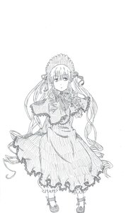 Rating: Safe Score: 0 Tags: 1girl capelet dress flower full_body greyscale image long_hair looking_at_viewer monochrome shinku solo standing twintails very_long_hair User: admin