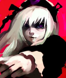 Rating: Safe Score: 0 Tags: 1boy image konpaku_youmu looking_at_viewer purple_eyes red_background solo suigintou weapon white_hair User: admin