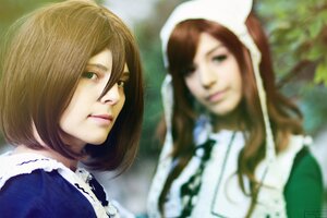 Rating: Safe Score: 0 Tags: 2girls blurry blurry_background blurry_foreground brown_hair closed_mouth depth_of_field green_eyes head_scarf lips multiple_cosplay multiple_girls short_hair souseiseki suiseiseki tagme User: admin
