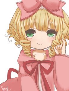Rating: Safe Score: 0 Tags: 1girl artist_name blonde_hair blush bow dress drill_hair eyebrows_visible_through_hair frills green_eyes hina_ichigo hinaichigo image long_sleeves looking_at_viewer pink_bow pink_dress ribbon signature simple_background smile solo upper_body white_background User: admin