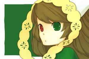 Rating: Safe Score: 0 Tags: 1girl :o braid brown_hair dress flower green_background green_eyes hair_flower hair_ornament heterochromia image long_hair looking_at_viewer red_eyes solo suiseiseki User: admin