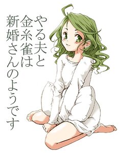 Rating: Safe Score: 0 Tags: 1girl ahoge barefoot blush full_body green_eyes green_hair image kanaria long_sleeves looking_at_viewer pillow sitting solo striped wariza white_background User: admin