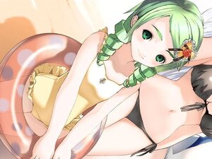 Rating: Safe Score: 0 Tags: 1girl bikini black_bikini drill_hair flower frilled_bikini frills green_eyes green_hair hair_ornament image innertube kanaria navel side-tie_bikini solo swimsuit twin_drills User: admin