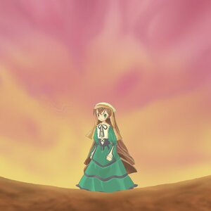 Rating: Safe Score: 0 Tags: 1girl brown_hair dress green_dress green_eyes image long_hair long_sleeves outdoors ribbon sky solo standing suiseiseki sunset very_long_hair User: admin
