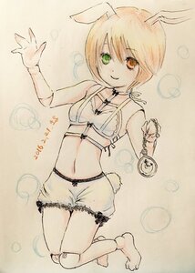 Rating: Safe Score: 0 Tags: 1girl animal_ears blonde_hair bloomers bunny_ears green_eyes heterochromia image midriff navel red_eyes short_hair smile solo souseiseki tail underwear User: admin