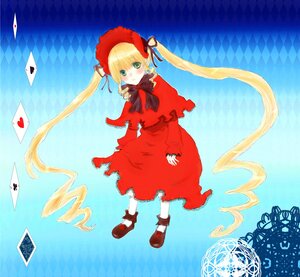 Rating: Safe Score: 0 Tags: 1girl argyle argyle_background argyle_legwear blonde_hair bonnet bow bowtie card checkered checkered_background checkered_floor chess_piece dress green_eyes hat image long_hair long_sleeves playing_card red_dress shinku solo tile_floor tiles twintails very_long_hair User: admin