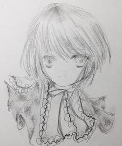 Rating: Safe Score: 0 Tags: 1girl closed_mouth eyebrows_visible_through_hair frills graphite_(medium) greyscale hariruri image monochrome photo short_hair solo souseiseki traditional_media upper_body User: admin