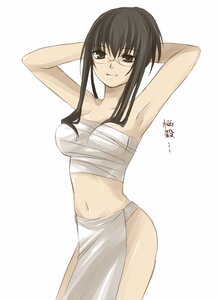 Rating: Safe Score: 0 Tags: 1girl armpits arms_behind_head arms_up bandages black_hair breasts glasses human image kusabue_mitsu navel sarashi smile solo striped User: admin