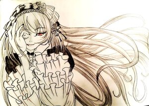 Rating: Safe Score: 0 Tags: 1girl closed_mouth dress floating_hair frilled_sleeves frills hairband image long_hair long_sleeves looking_at_viewer monochrome one_eye_closed red_eyes smile solo suigintou upper_body very_long_hair User: admin