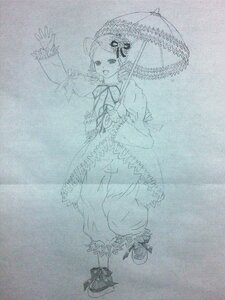 Rating: Safe Score: 0 Tags: 1girl auto_tagged blue_theme dress full_body hair_ornament holding_umbrella image kanaria monochrome parasol puffy_sleeves rain sketch solo traditional_media umbrella User: admin