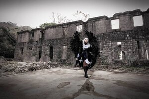 Rating: Safe Score: 0 Tags: 1girl black_legwear blindfold boots building dress feather-trimmed_sleeves long_hair ruins solo standing suigintou thighhighs weapon white_hair User: admin
