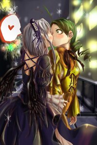 Rating: Safe Score: 0 Tags: 1girl blush dress green_eyes green_hair heart image kanaria kiss long_sleeves pair silver_hair spoken_heart suigintou yuri User: admin