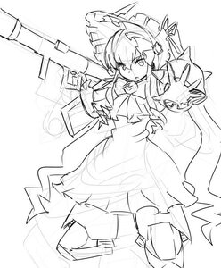 Rating: Safe Score: 0 Tags: 1girl dress greyscale gun hair_ornament image monochrome shinku simple_background sketch solo thighhighs white_background User: admin