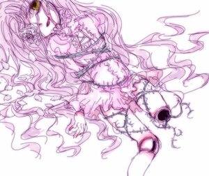Rating: Questionable Score: 0 Tags: 1girl dress eyepatch image kirakishou long_hair monochrome pink_theme rose solo striped very_long_hair wavy_hair User: admin