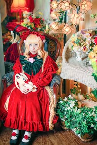 Rating: Safe Score: 0 Tags: 1girl blonde_hair blue_eyes dress flower long_hair mary_janes red_dress rose shoes sitting solo stuffed_animal User: admin
