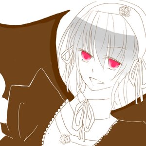 Rating: Safe Score: 0 Tags: 1girl dress flower frills hat image long_sleeves looking_at_viewer monochrome red_eyes ribbon rose simple_background smile solo spot_color suigintou upper_body white_flower white_rose wings User: admin
