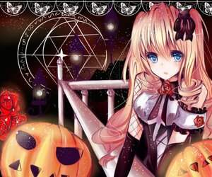 Rating: Safe Score: 0 Tags: 1girl blonde_hair blue_eyes candy cross dress elbow_gloves flower gloves hair_ornament halloween image jack-o'-lantern long_hair pumpkin red_flower red_rose rose shinku solo User: admin