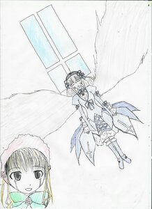 Rating: Safe Score: 0 Tags: 2girls blush boots closed_eyes dress hairband image long_hair long_sleeves looking_at_viewer monochrome multiple_girls open_mouth pair shinku smile standing suigintou tears traditional_media wings User: admin