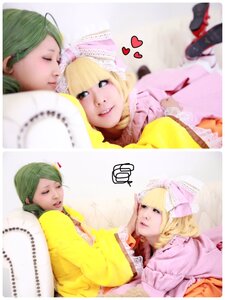 Rating: Safe Score: 0 Tags: blonde_hair blurry closed_eyes depth_of_field green_hair hair_ornament hairclip hat heart hina_ichigo kanaria lips multiple_cosplay multiple_girls musical_note photo realistic siblings sisters smile tagme User: admin