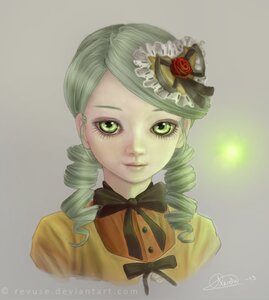 Rating: Safe Score: 0 Tags: 1girl artist_name bow bowtie drill_hair flower green_eyes green_hair hat image kanaria looking_at_viewer mini_hat mini_top_hat ribbon ringlets rose signature solo top_hat twin_drills User: admin