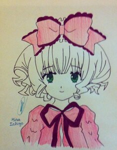 Rating: Safe Score: 0 Tags: 1girl artist_name bow dated eyebrows_visible_through_hair green_eyes green_hair hair_bow hinaichigo image kagiyama_hina looking_at_viewer photo ribbon signature smile solo traditional_media User: admin