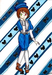Rating: Safe Score: 0 Tags: bangs blue_dress brown_footwear brown_hair bug butterfly dress full_body green_eyes hat heterochromia image insect long_sleeves looking_at_viewer pantyhose red_eyes short_hair solo souseiseki top_hat white_legwear User: admin