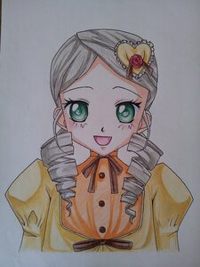 Rating: Safe Score: 0 Tags: 1girl :d drill_hair green_eyes hair_ornament heart heart_hair_ornament image juliet_sleeves kanaria long_sleeves looking_at_viewer neck_ribbon open_mouth photo ribbon simple_background smile solo traditional_media twin_drills upper_body User: admin