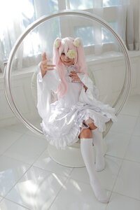 Rating: Safe Score: 0 Tags: 1girl dress hair_ornament kirakishou pink_hair sitting solo thighhighs white_dress User: admin