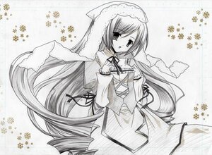 Rating: Safe Score: 0 Tags: 1girl dress greyscale hatsune_miku image long_hair long_sleeves looking_at_viewer monochrome ribbon snowflakes solo suiseiseki very_long_hair User: admin
